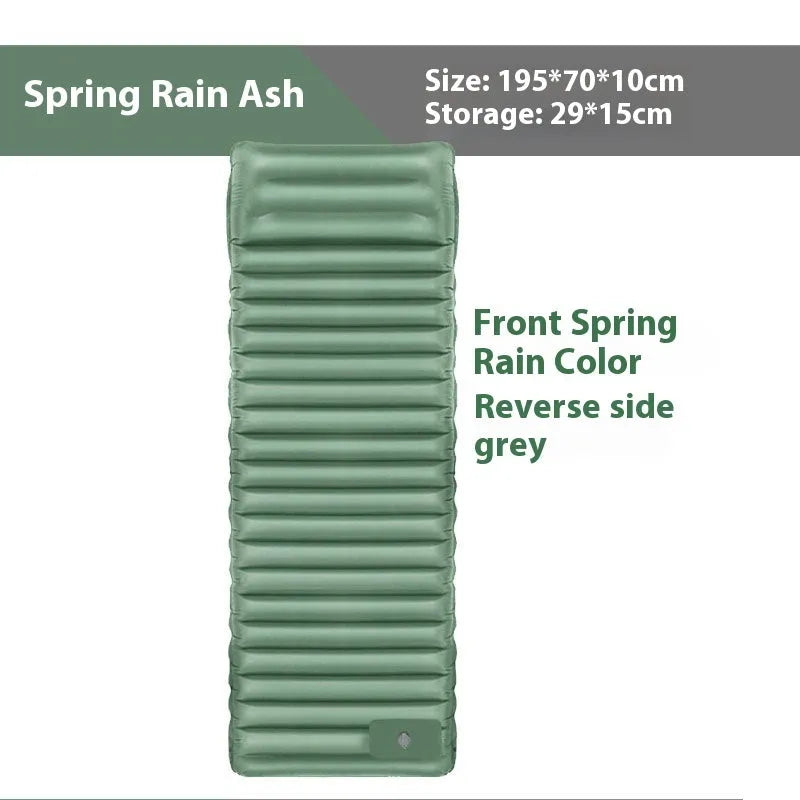 Single inflatable camping mattress in grey colour, shown expanded to its full size.