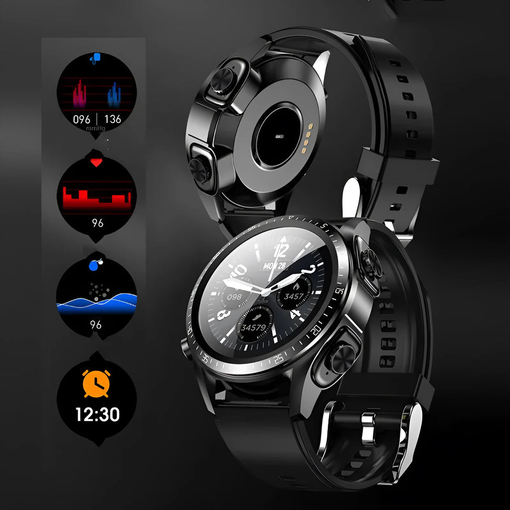 Black smart watch with blood pressure monitoring on silicone strap showing health metrics display