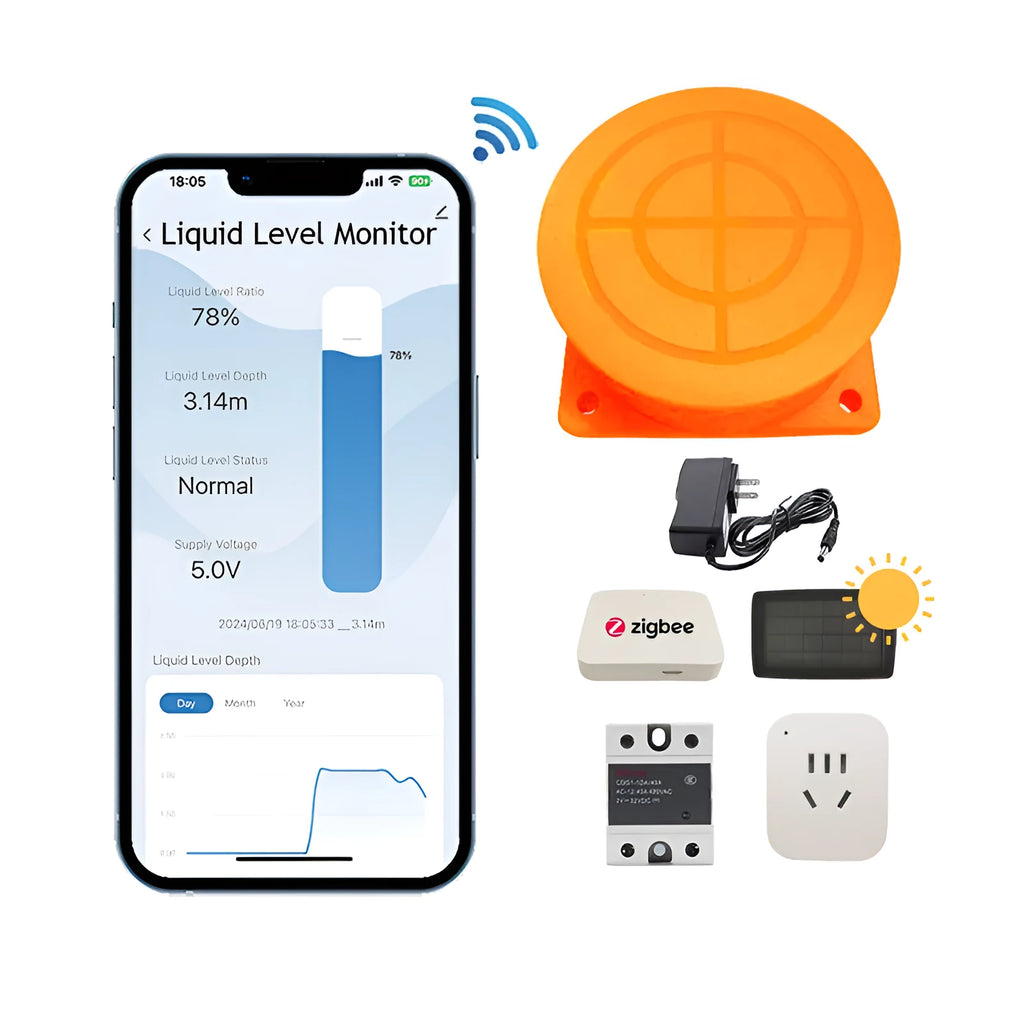 Moray ME201W wireless fluid level monitor sensor unit with power supply for remote tank management.