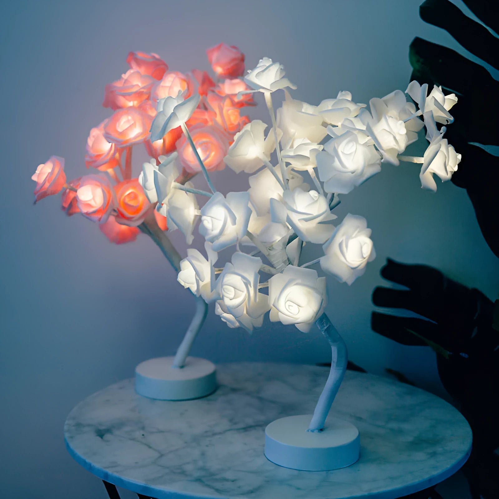 White and red rose flower LED table lamp with bonsai tree base and warm white lights