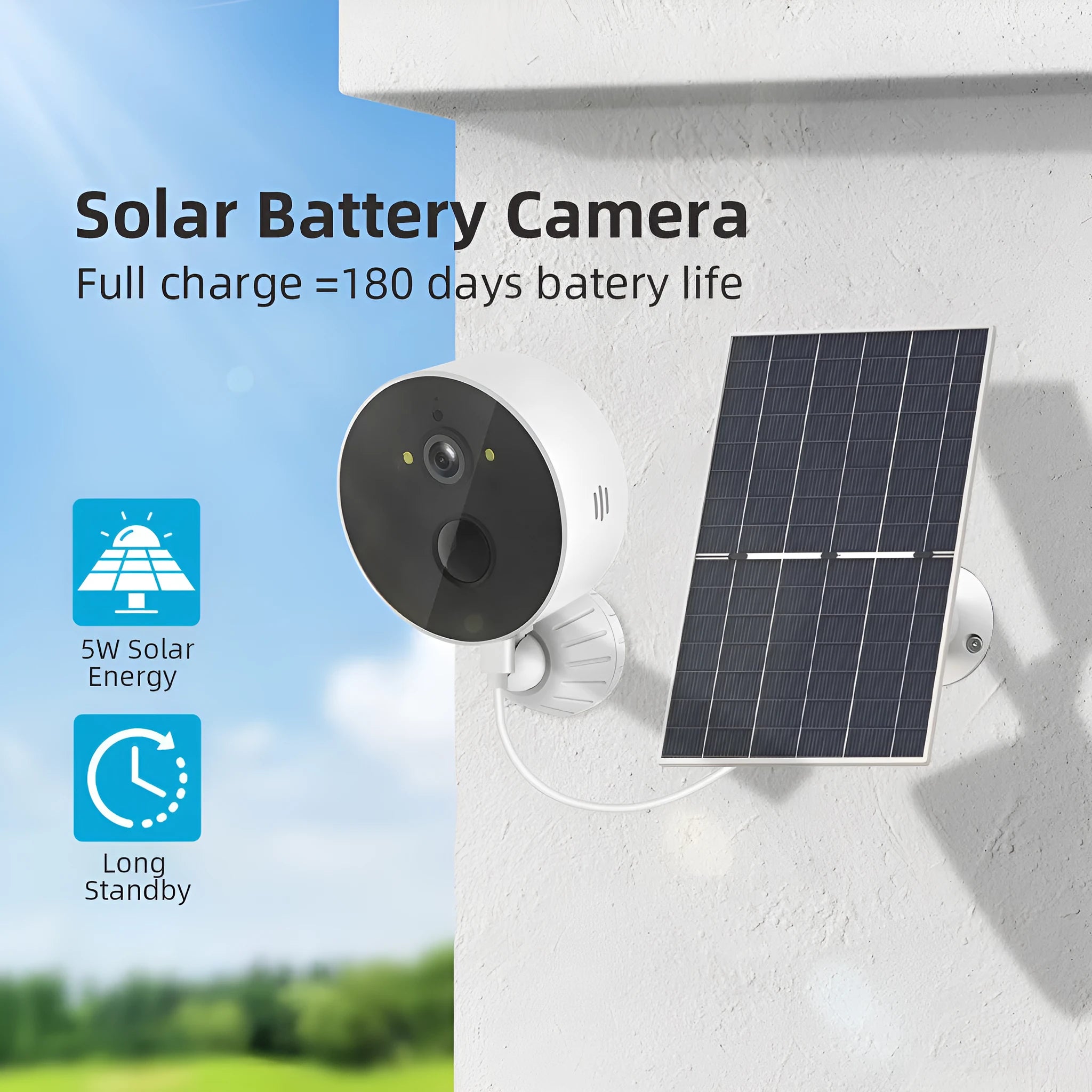 Outdoor solar-powered security camera with solar panel for battery charging.