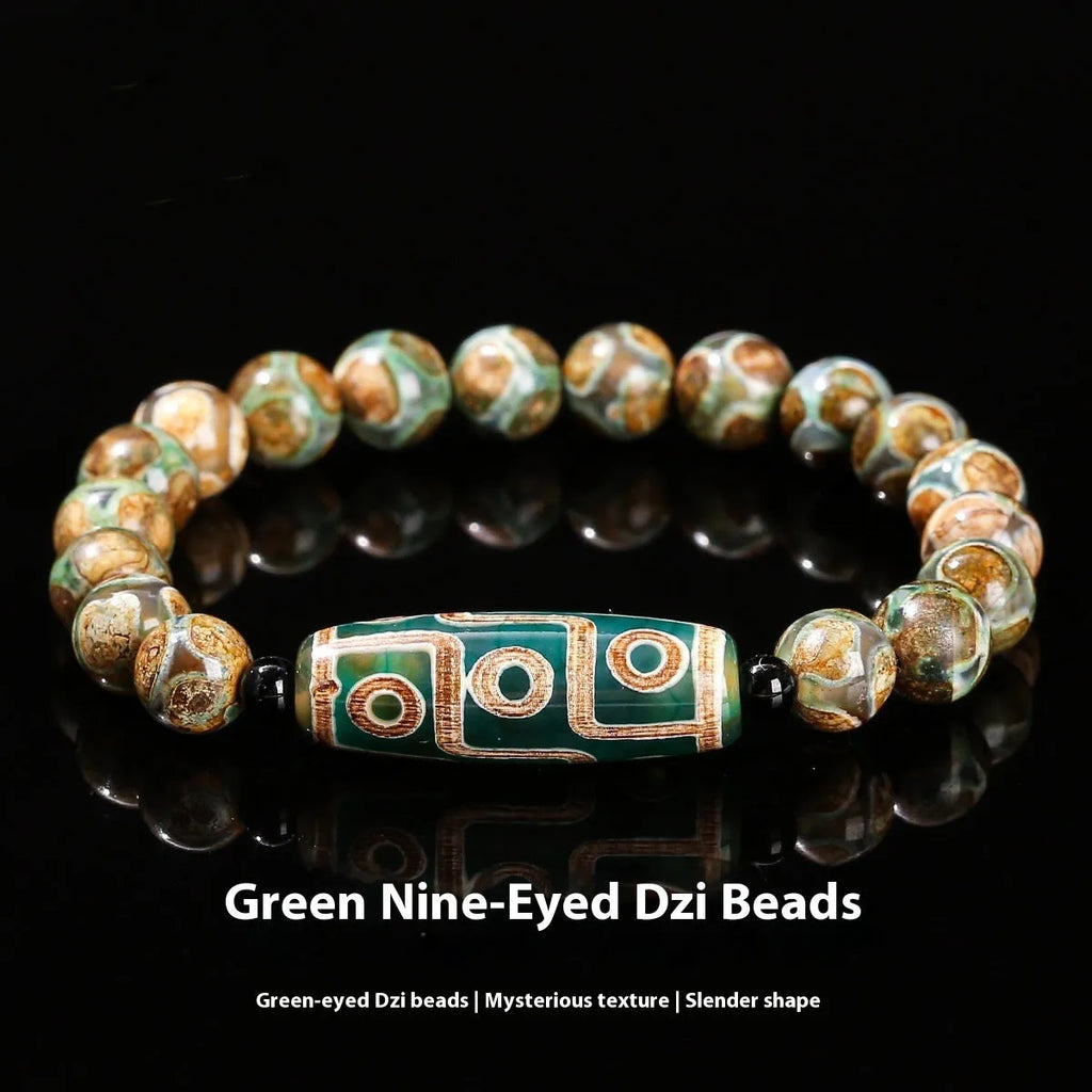 Handmade barrel shaped Dzi bead bracelet in green with geometry design