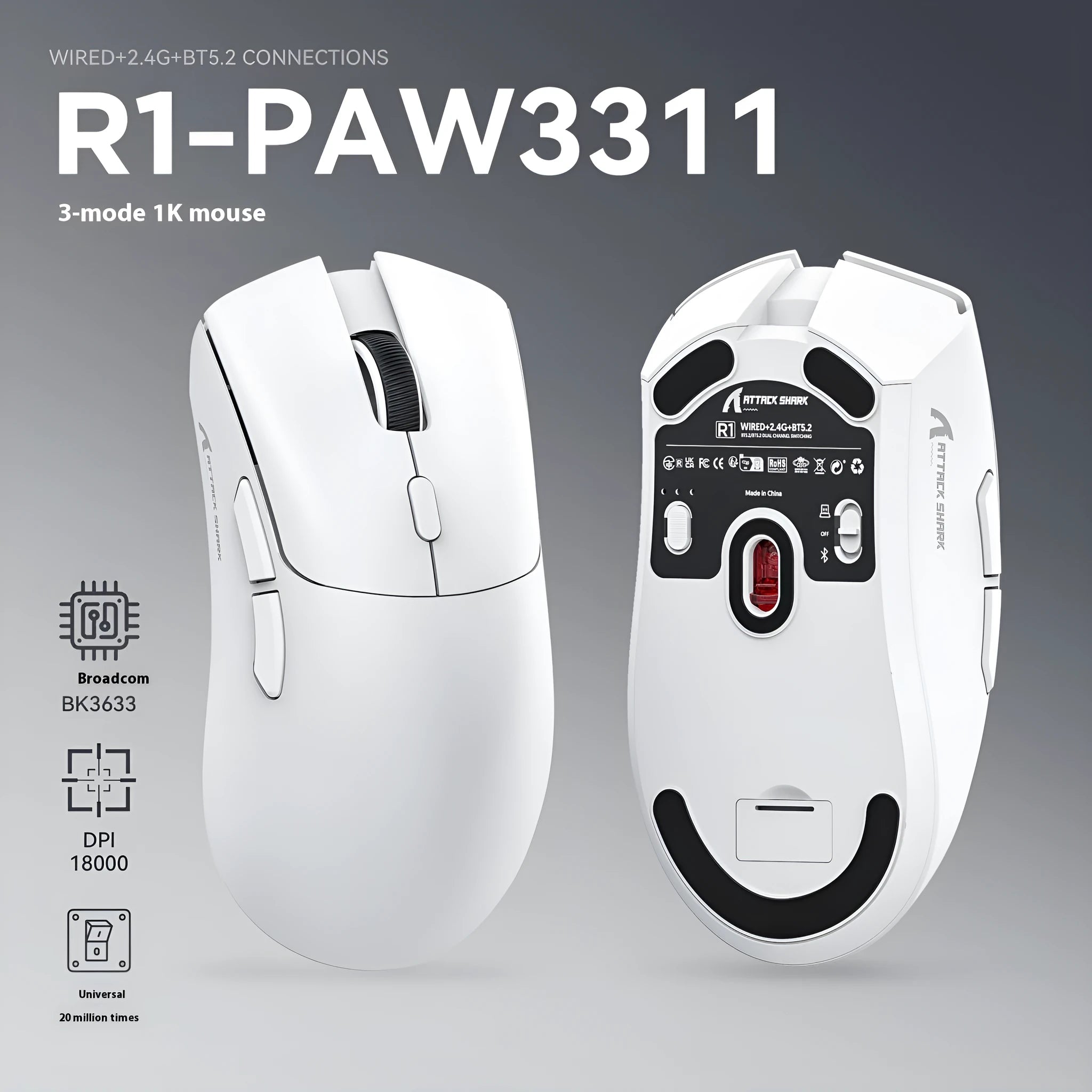 Attack Shark wireless gaming mouse in black, red, or white with USB and Bluetooth connectivity