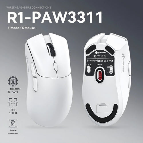 Attack Shark wireless gaming mouse in black, red, or white with USB and Bluetooth connectivity