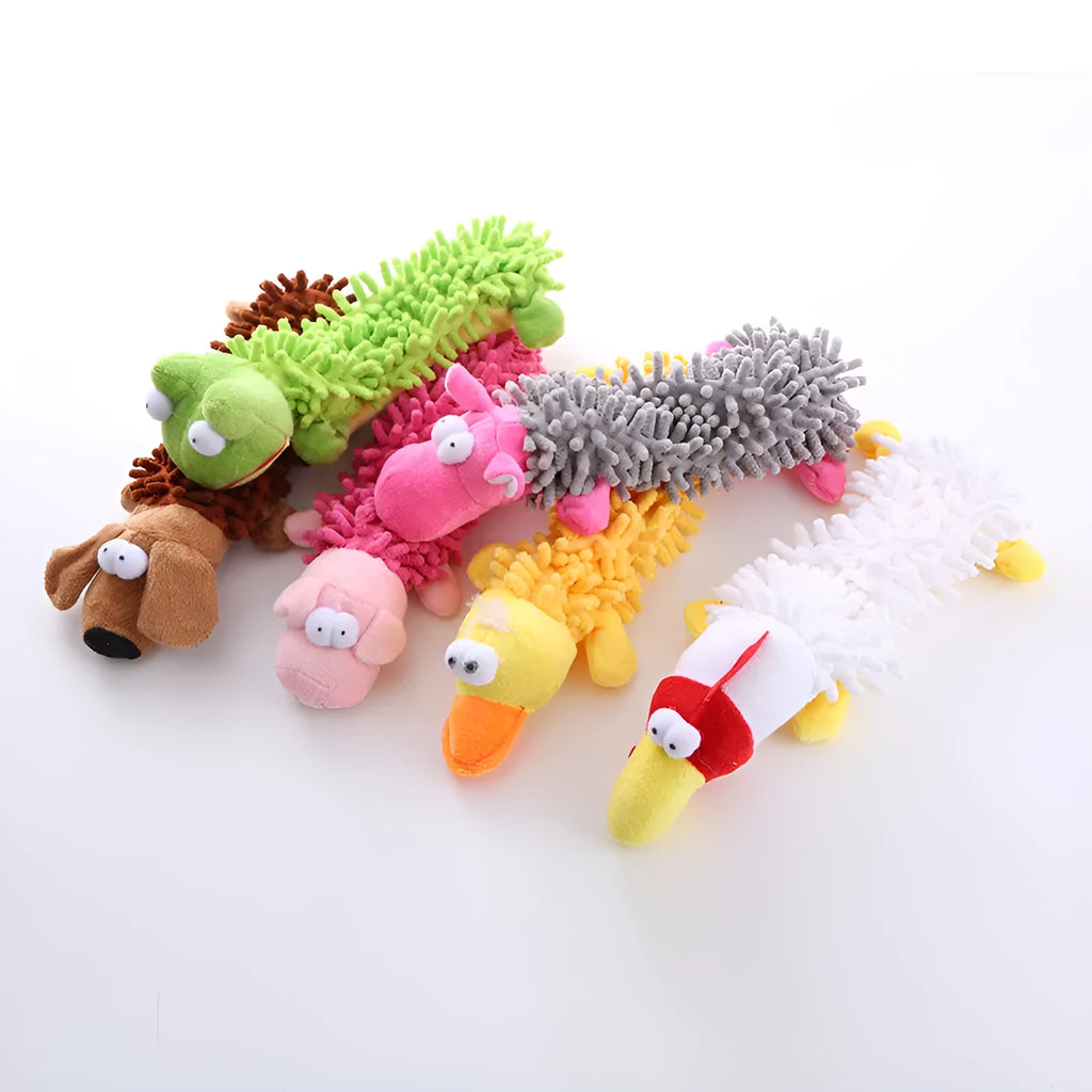 Plush microfiber molar-shaped dog chew toy in assorted animal designs including dog, duck, pig, and frog.