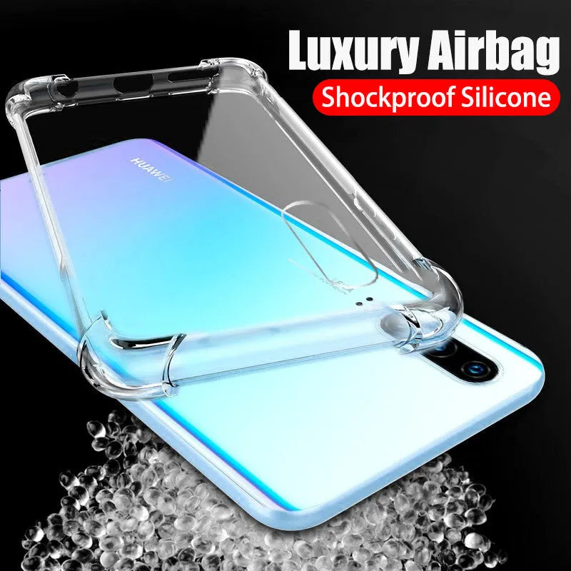Transparent TPU phone case showing Huawei smartphone inside with visible ports and buttons