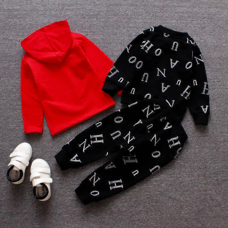 Children's red and white polyester-vinylon clothes set with long sleeves in four size options
