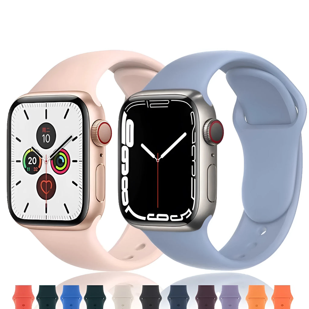 Silicone watch strap for Apple Watch 44mm 45mm 41mm in black, white, blue, red, yellow, green