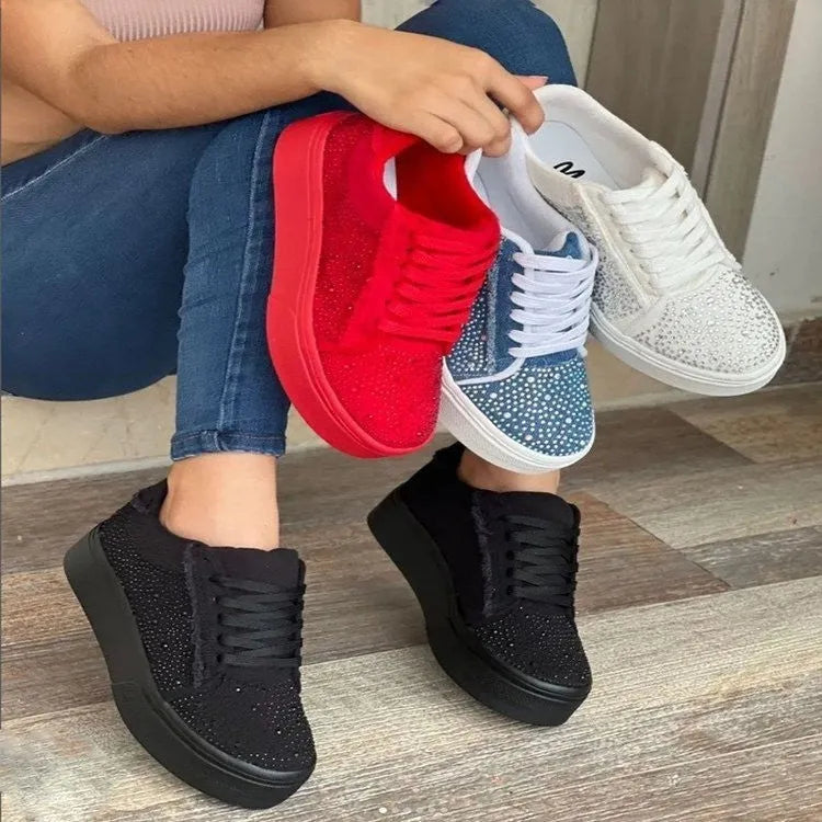 Women's plus size casual sports shoes with rhinestones, thick rubber sole and lace-up design in multiple colours