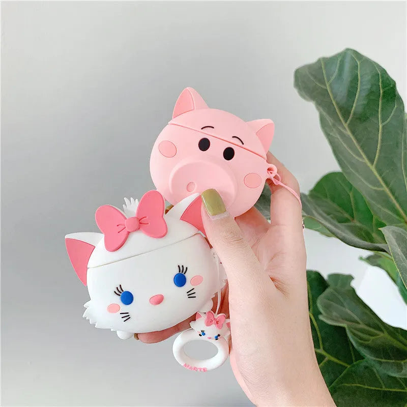 Cartoon pig design silicone flip cover compatible with Apple AirPods 1 2 and 3 in pink colour