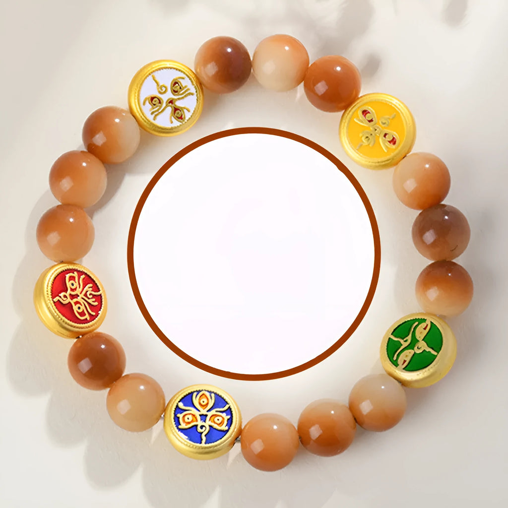 Yellow bodhi seed bracelet with geometric shapes measuring 14-17 inches