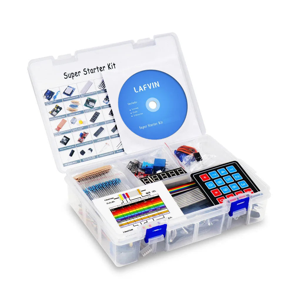 LAFVIN Arduino R3 Super Starter Kit showing blue Uno R3 board, breadboard, LEDs, sensors, and components on a table.