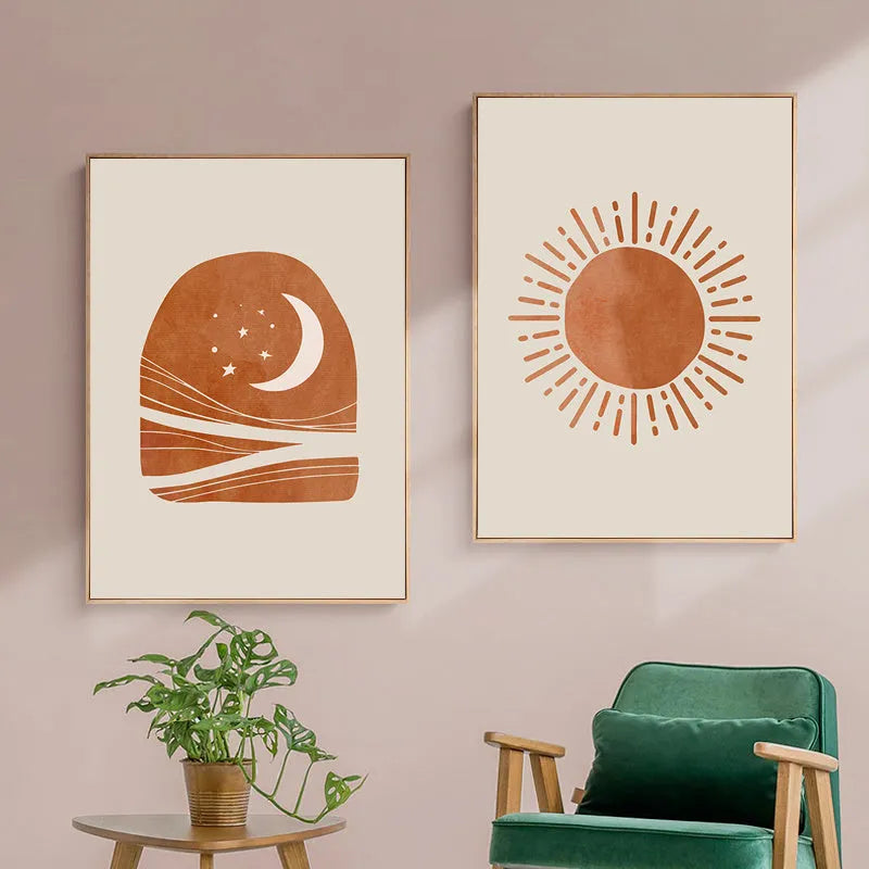 Abstract Nordic style pink canvas wall art with aluminium alloy frame on living room wall