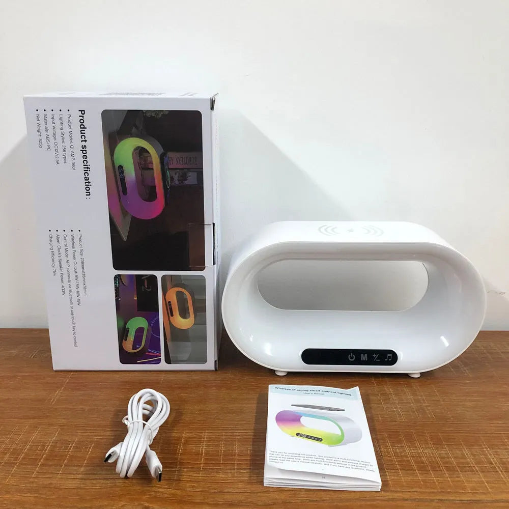White smart desk lamp with wireless charging pad, LED lighting and alarm clock display