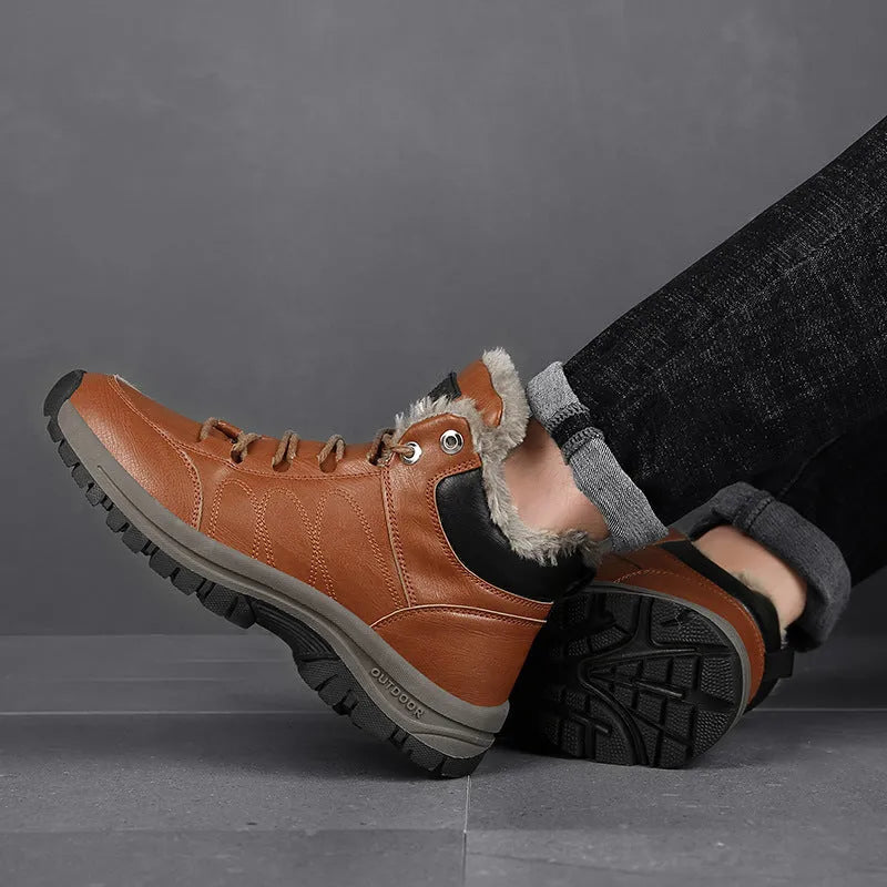 Men's winter boots warm leather shoes black artificial PU upper rubber sole thick plush lining