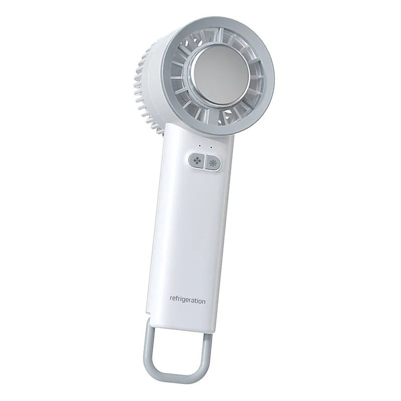 White and light blue handheld portable fan with touch controls and three blades.
