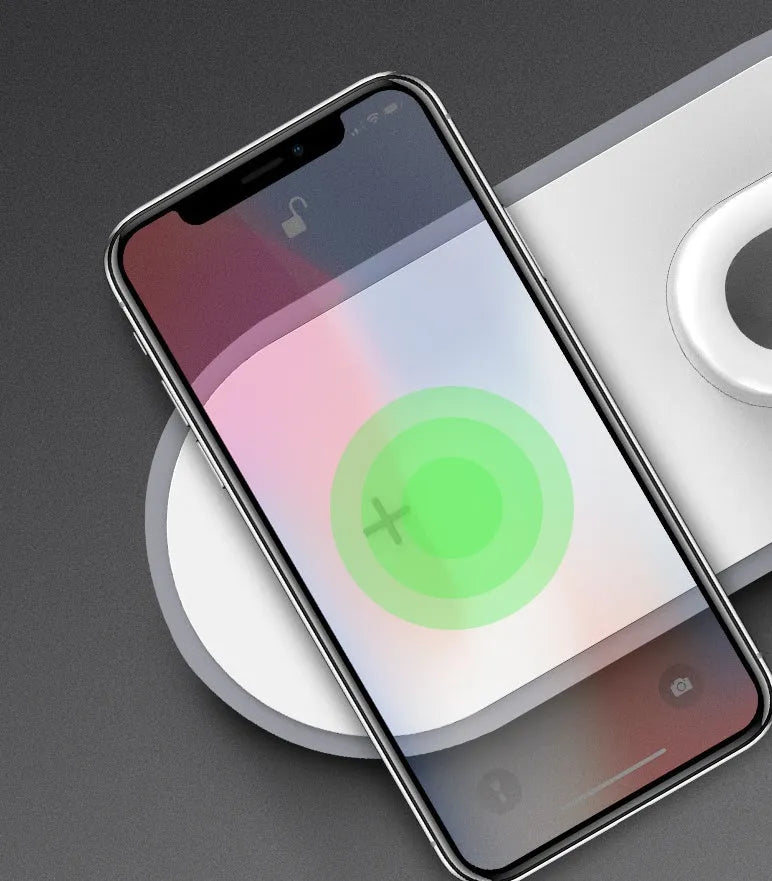 White three-in-one wireless charger for phone and watch with Type-C port and LED indication
