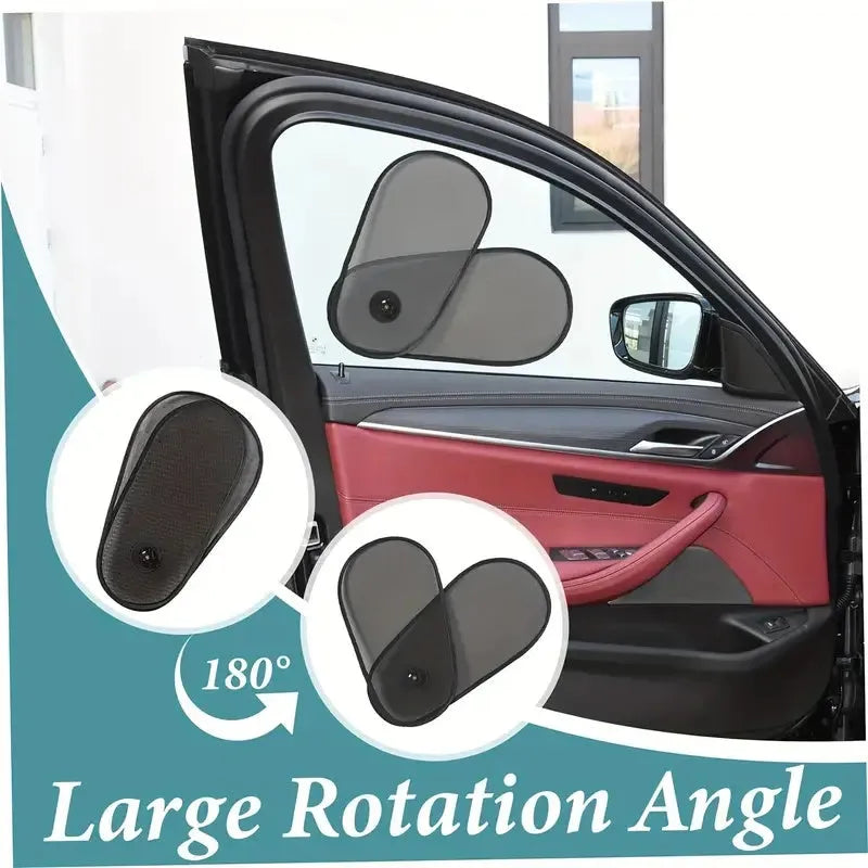 Black breathable mesh car window shade stretched over a car side window, showing suction cup attachment.