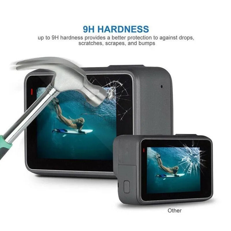 GoPro Hero 5 6 7 camera with transparent tempered glass lens and LCD screen protector films.