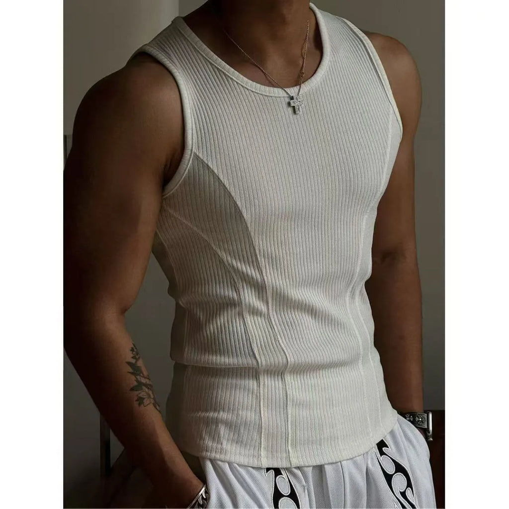 Men's tight black polyester tank top with American stitching, shown from the front.