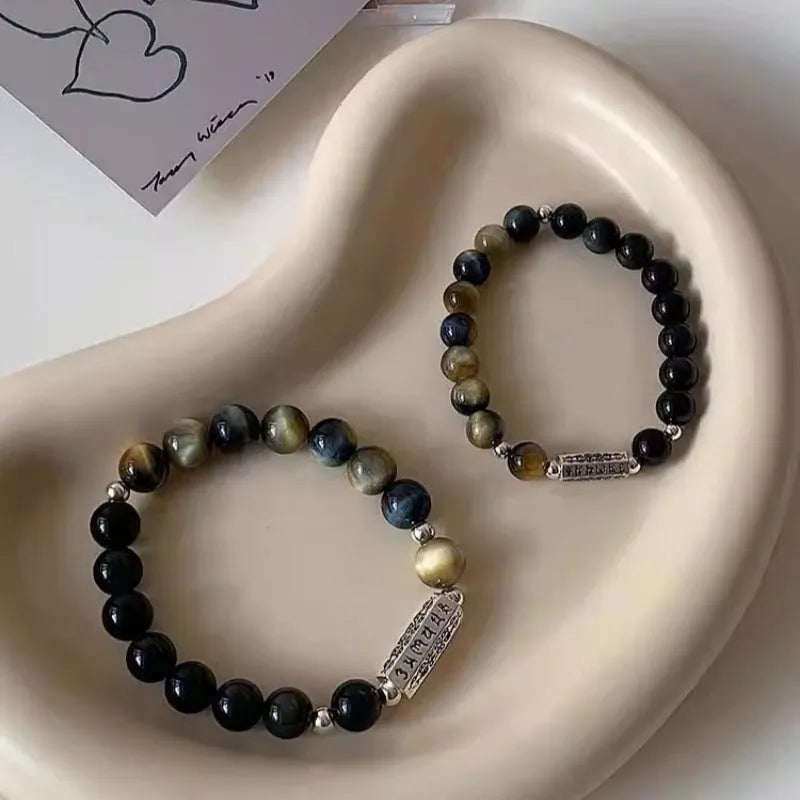 Tigereye Obsidian S925 Sterling Silver Six Words Mantra couple bracelet set for men and women