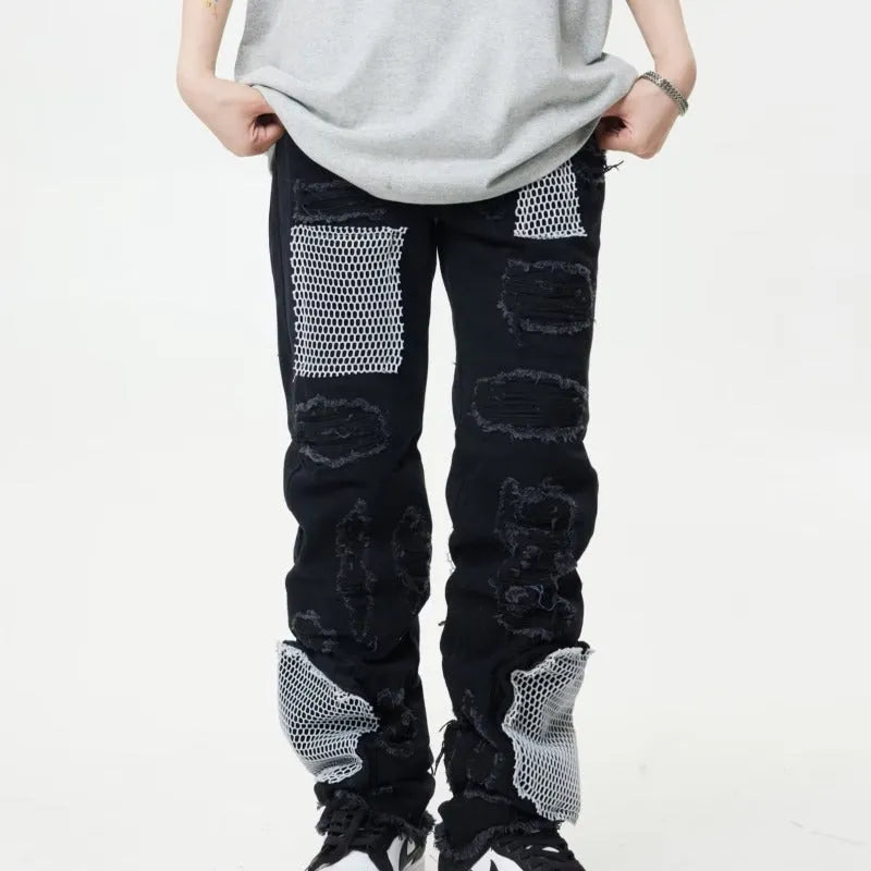 Men's straight fit cotton mop trousers in black, mid waist with zip placket, size XL to 3XL