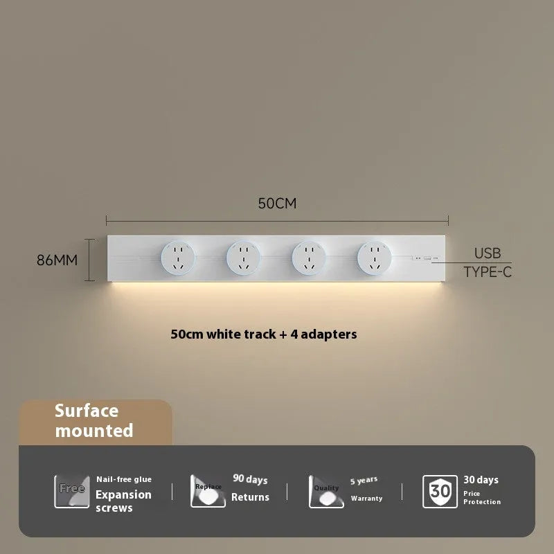 Induction lamp rail socket in black on a sideboard cabinet track with white background