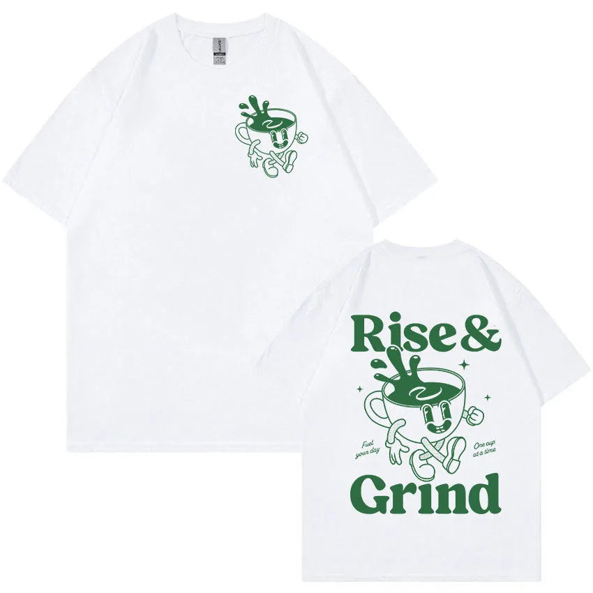 Loose fit linen t-shirt with a cartoon graphic of a green coffee bag and 'Rise And Grind' text.
