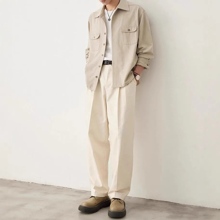 Men's cotton fabric lapel shirt in light sand rice colour on a hanger