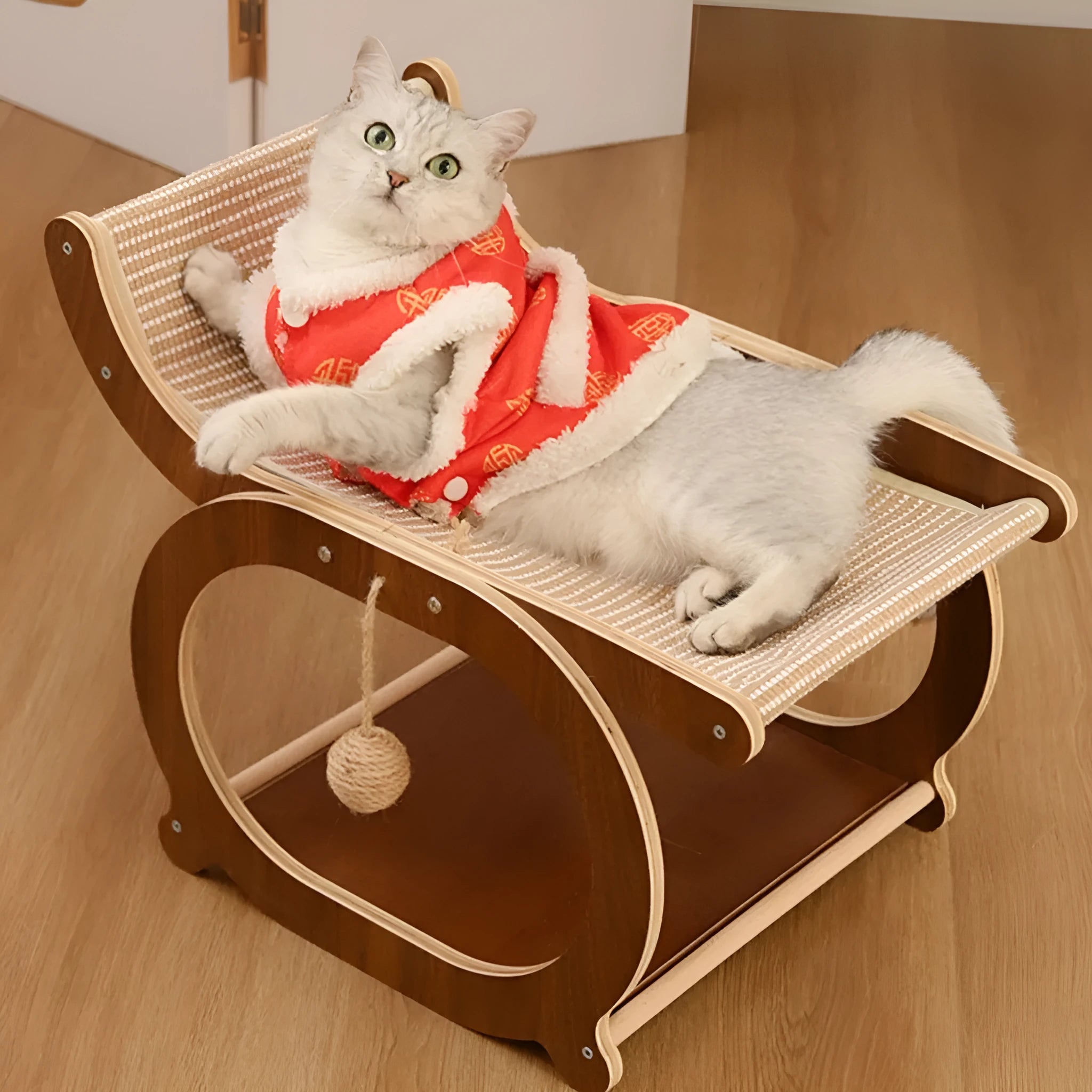 Solid wood sisal scratching mat for cats in walnut colour on a wooden floor