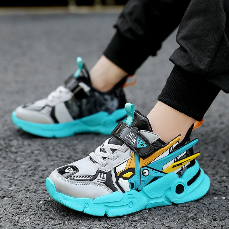 Boy's artificial leather sneakers with Velcro fastening in yellow, black red, or lake blue with cartoon pattern