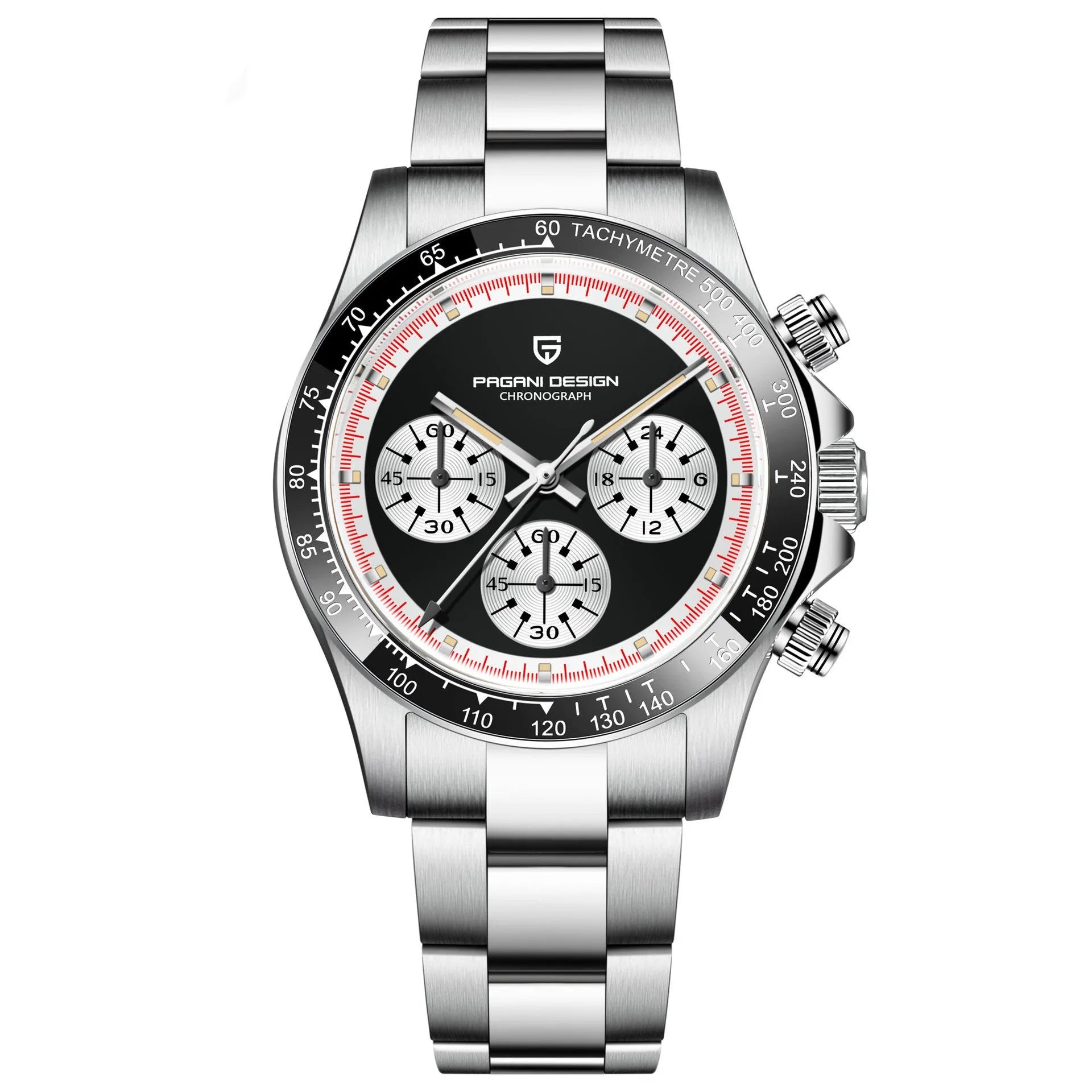 Berjani men's stainless steel chronograph watch with black dial and metal bracelet.