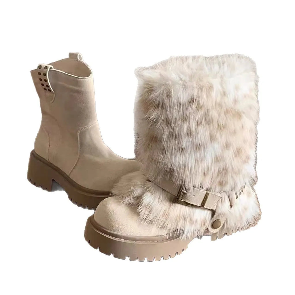 Women's winter snow boots in beige with artificial plush upper, thick rubber sole, and mid-calf shaft