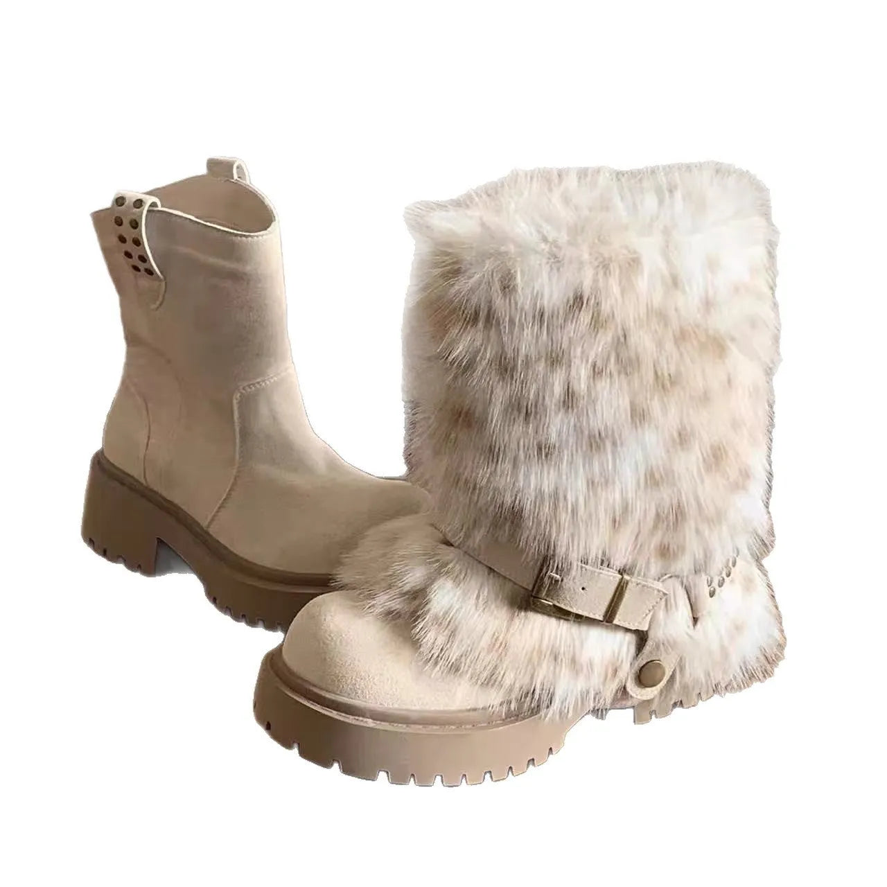Women's winter snow boots in beige with artificial plush upper, thick rubber sole, and mid-calf shaft