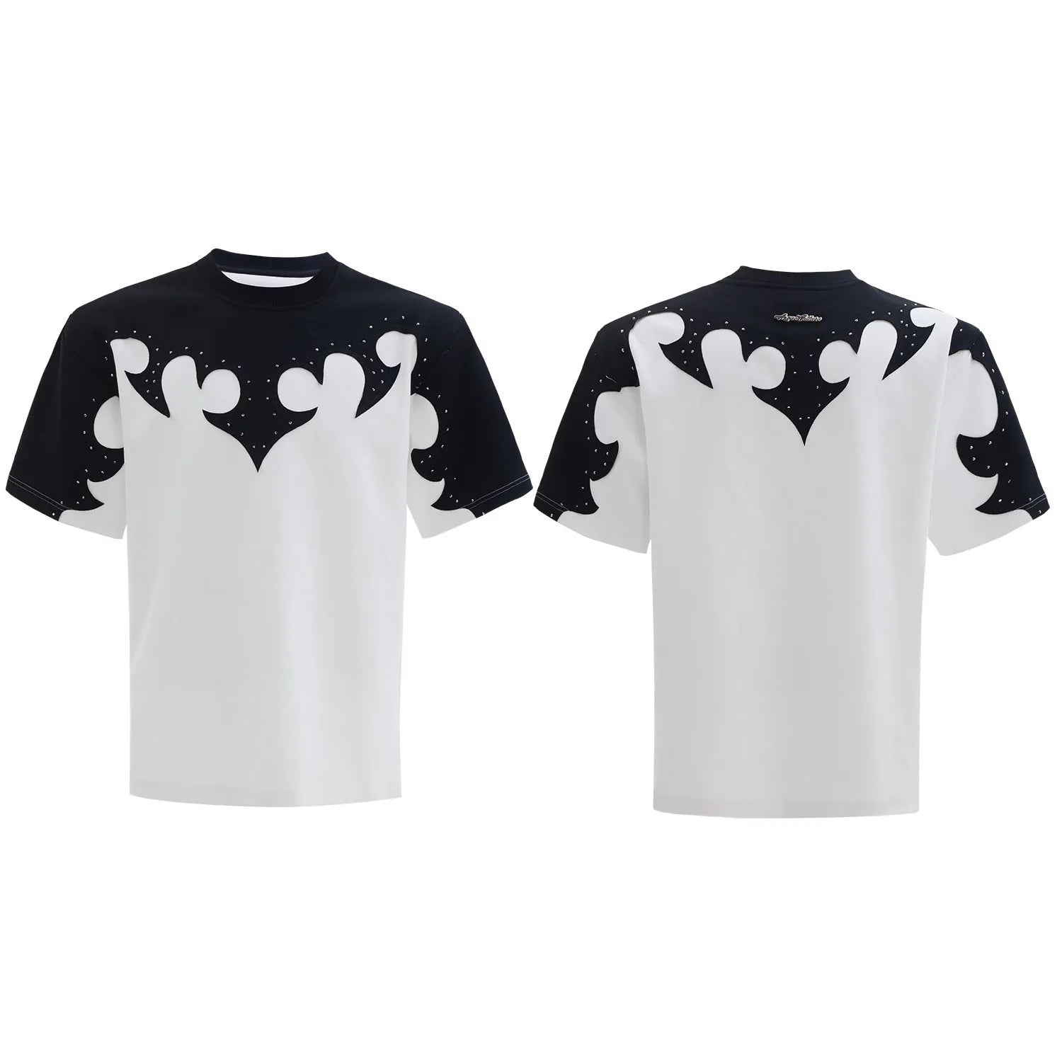 Men's red short sleeve shirt with 3D burnt flower embroidery and rhinestone details on a loose drop shoulder fit.