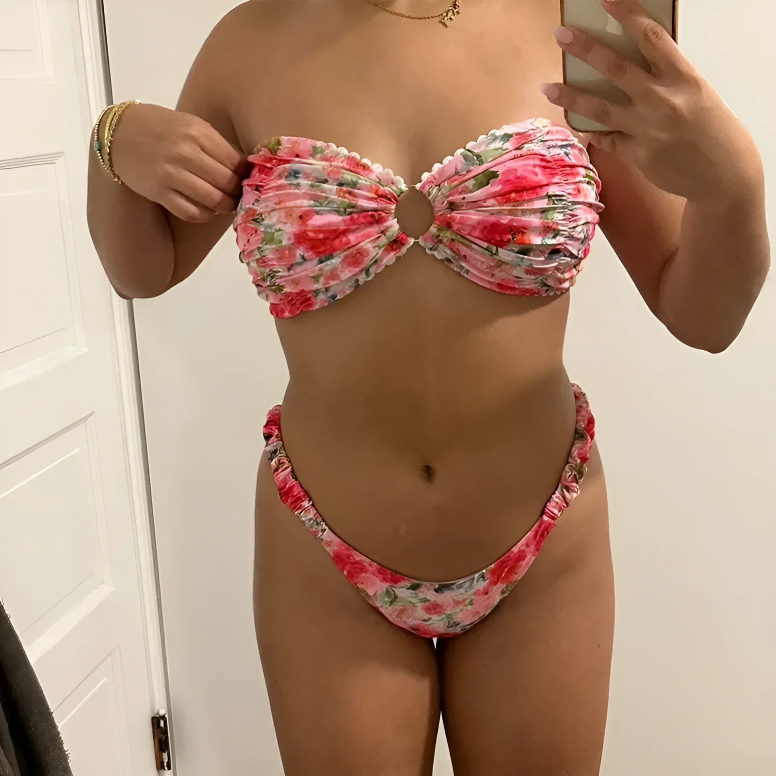 Women's floral printed tube top bikini set with lace trim in blue, pink, yellow colours