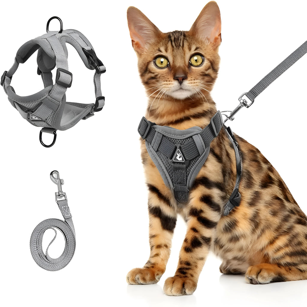 Adjustable mesh cat harness with reflective strips in Blue, Coffee, or Gray colours