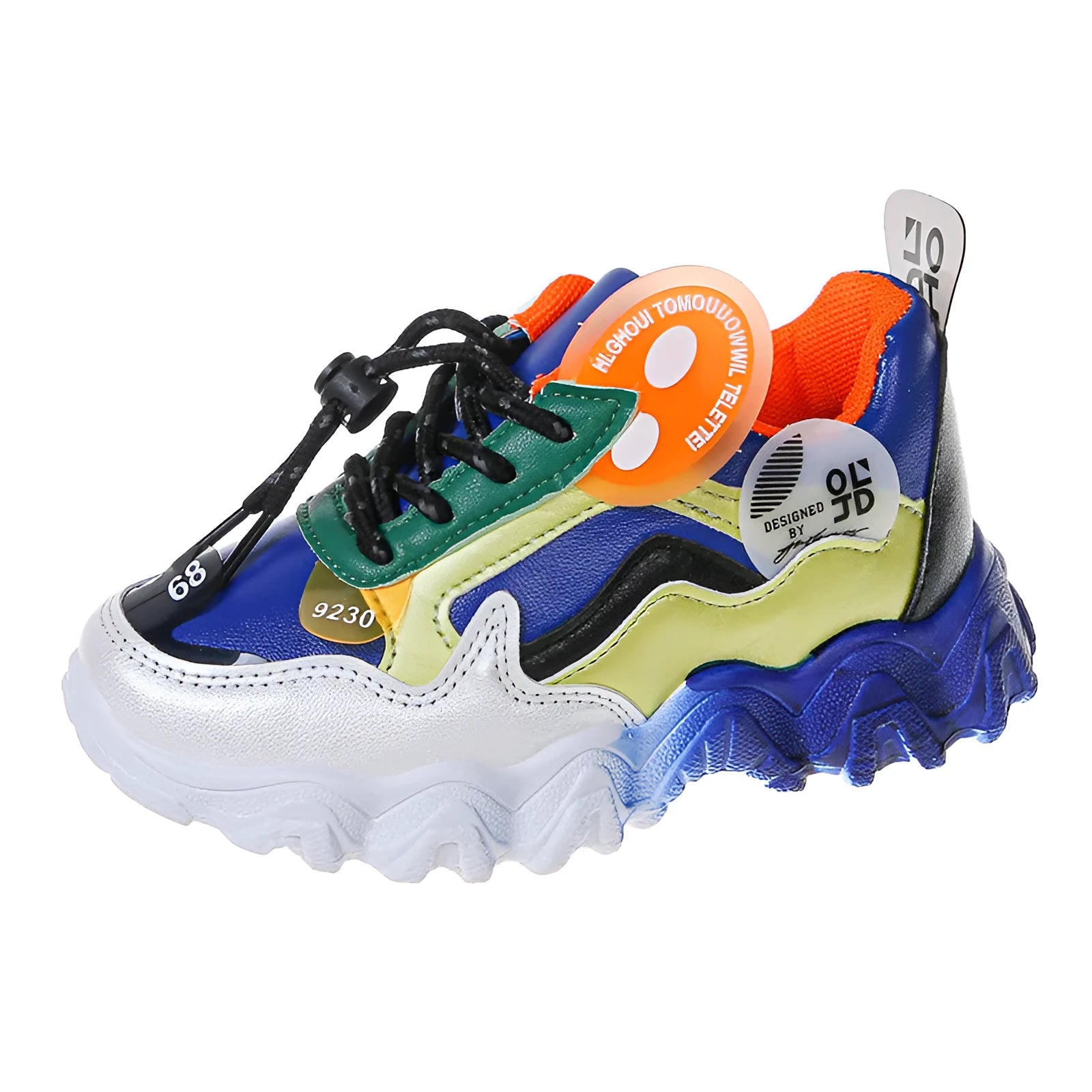 Children's colourblock wave bottom casual sneakers in blue and orange, PU upper, sizes 26 to 37