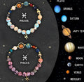 Two natural stone beaded bracelets with zodiac charms on a wood surface, showing adjustable lobster clasp.