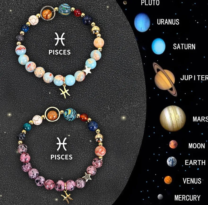 Two natural stone beaded bracelets with zodiac charms on a wood surface, showing adjustable lobster clasp.
