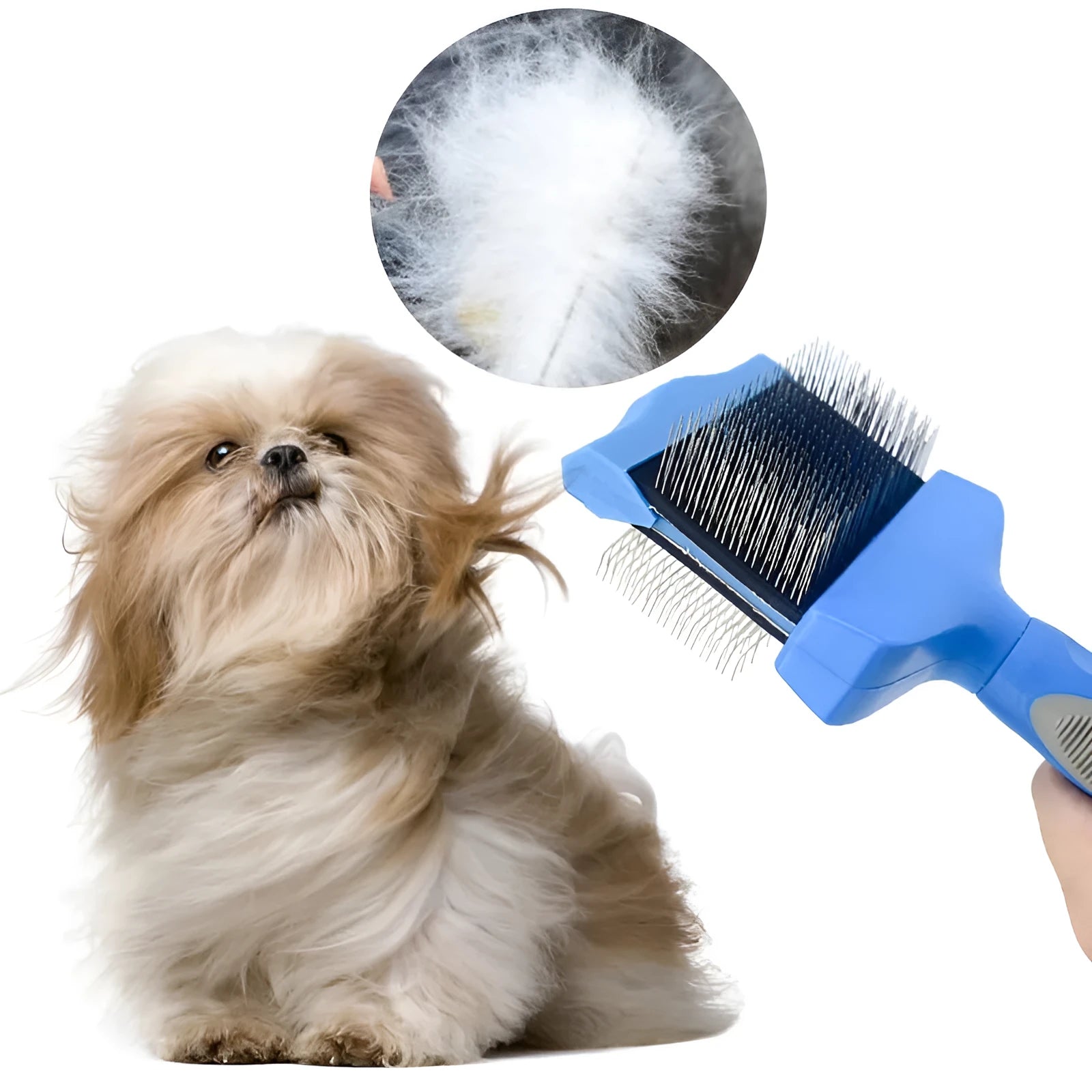 Double-sided pet brush with stainless steel pins and blue ABS handle for dog and cat grooming