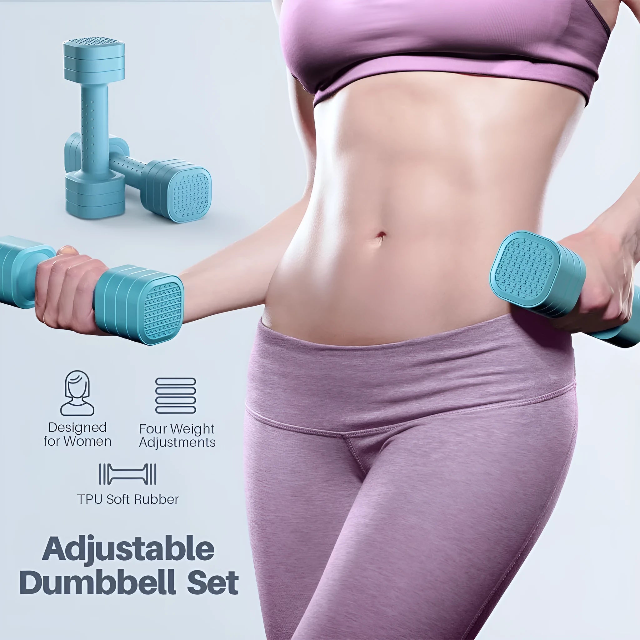 Set of pink and blue detachable 5lb dumbbells for women's fitness on a grey background.