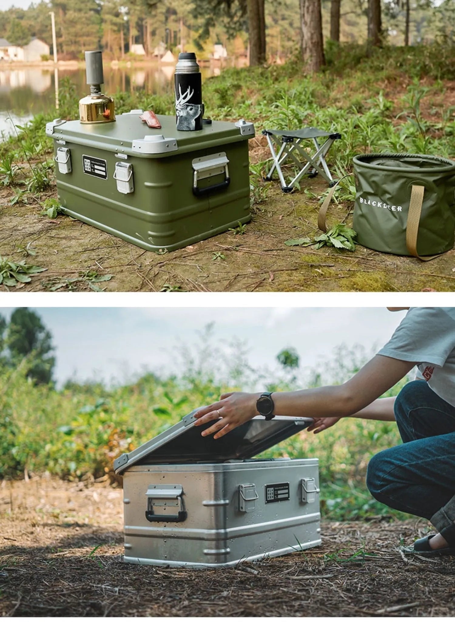 Field green aluminum alloy camping storage box with 58x38x28cm dimensions for vehicle-mounted equipment organisation