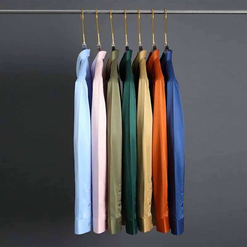 Men's elastic silk long-sleeved non-ironing shirt in loose fit with solid colour