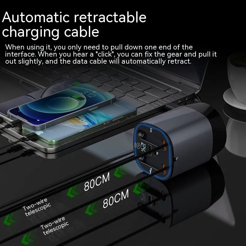 Gun grey matte black cup holder car charger with retractable cable showing multiple USB and Type-C charging ports