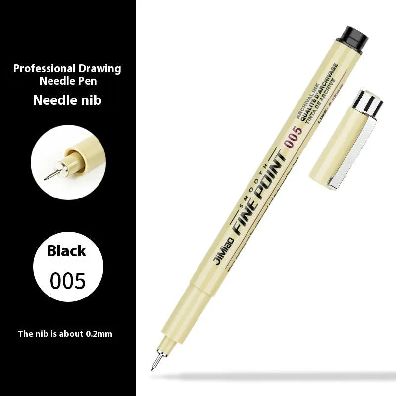 Waterproof needle pen drawing tool with plastic body and black ink for detailed artwork