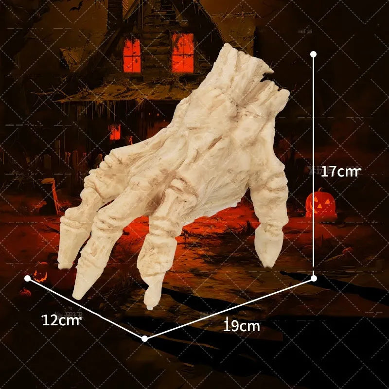 Halloween electric luminous crawling hand on floor, glowing warm colour, vinyl zombie hand with spooky sound