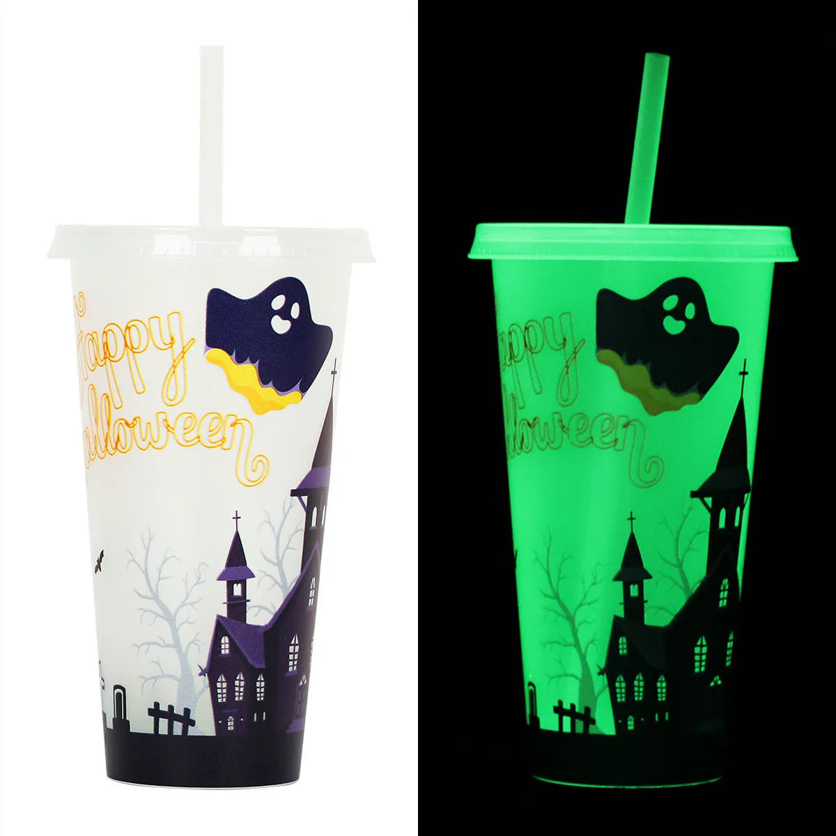 720ml plastic sippy cup with luminous straw in assorted colours for Halloween.