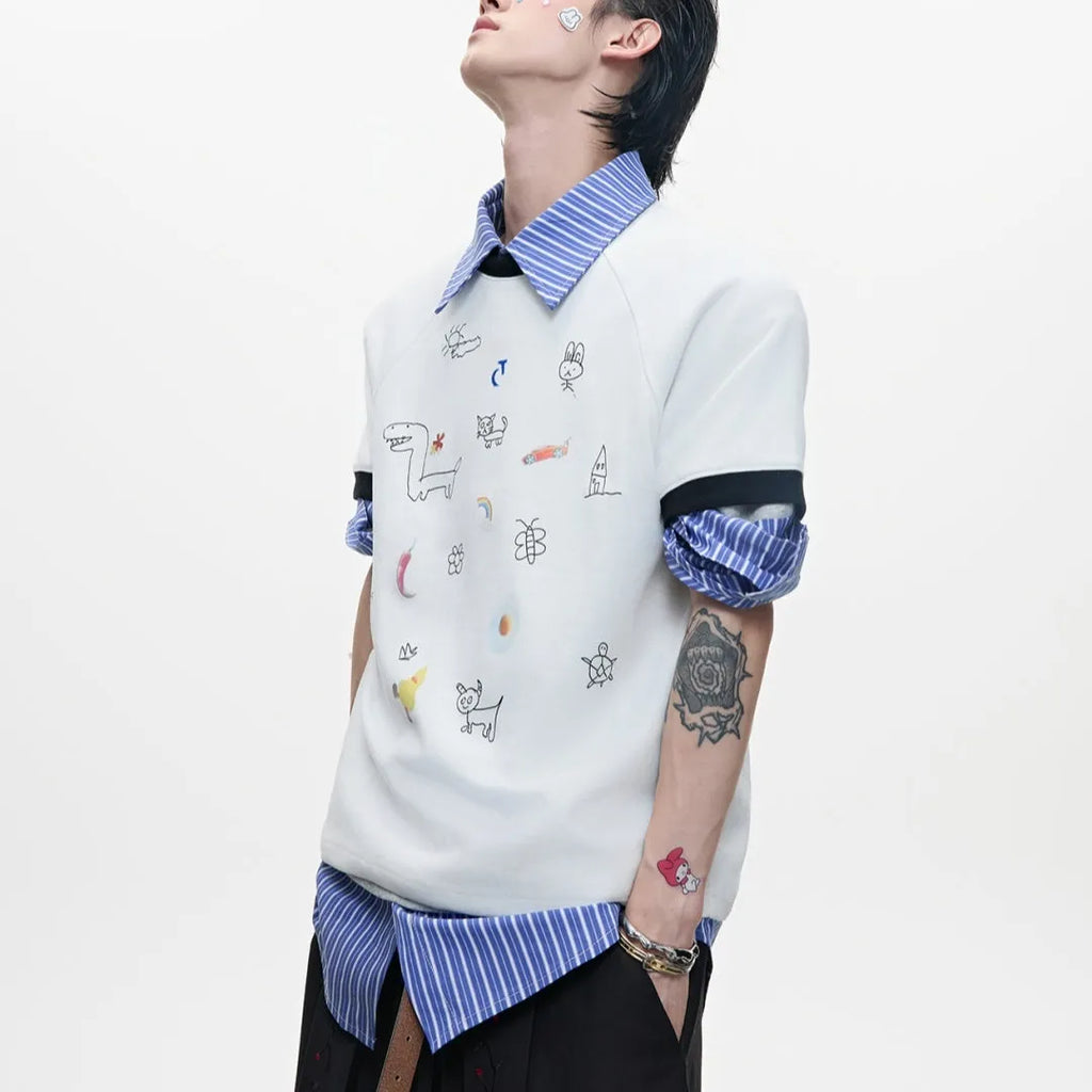 Men's blue and white loose fit short sleeve shirt with cartoon print and contrast colour details.