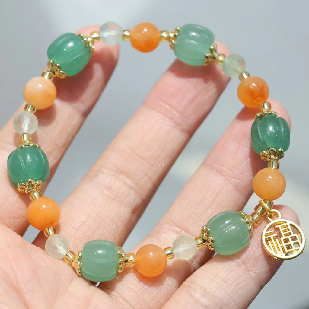 Chinese Duobao pumpkin bracelet with Jinsi Jade beads and prehnite stones for women